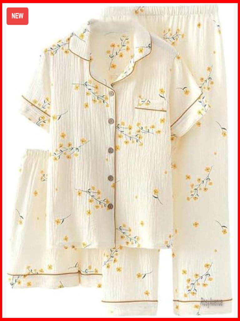3 Piece Cotton Pajama Set Short Sleeve Sleepwear With Pants